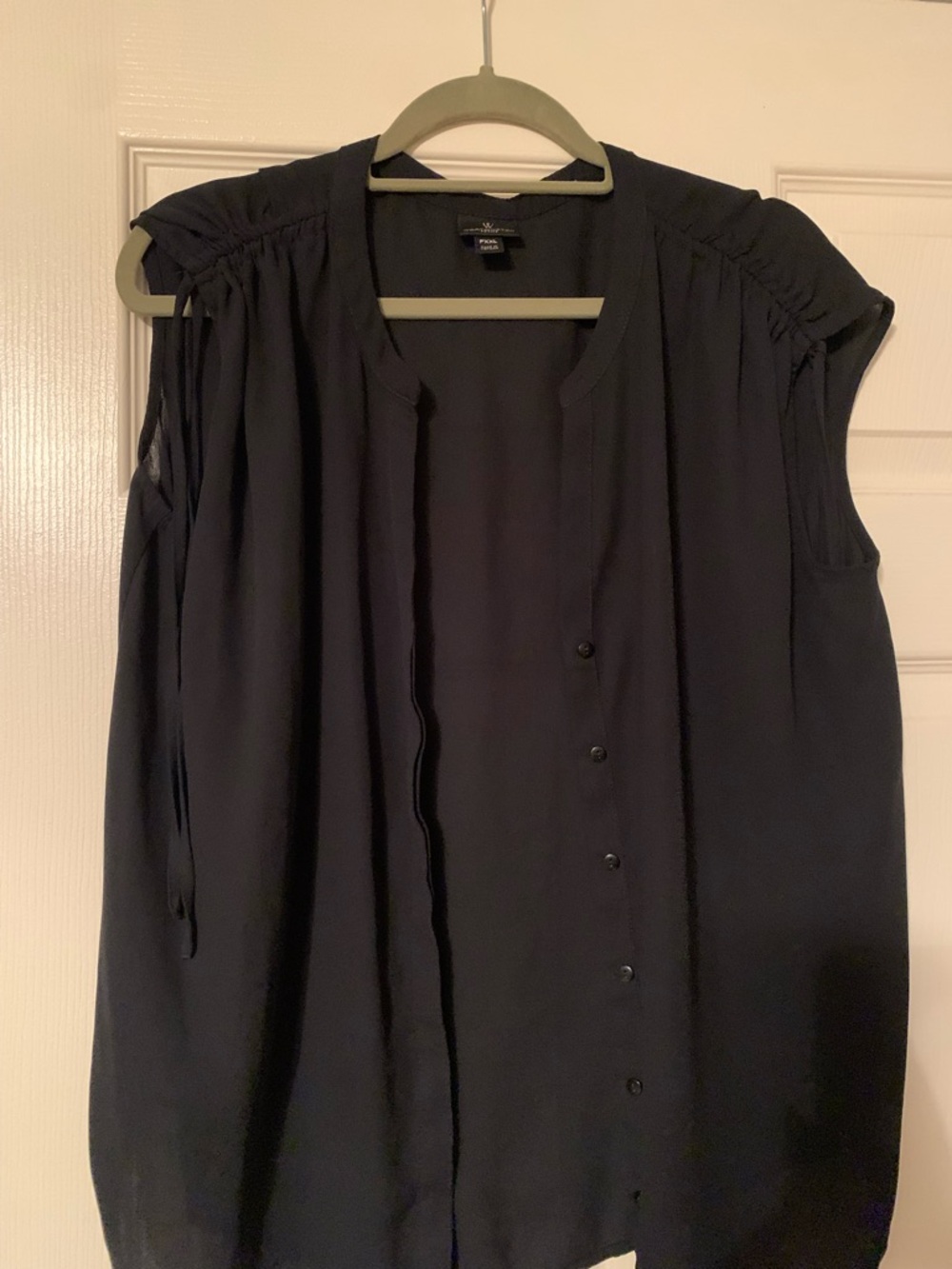Worthington Black Sleeveless Button-Front Blouse with Gathered Shoulders